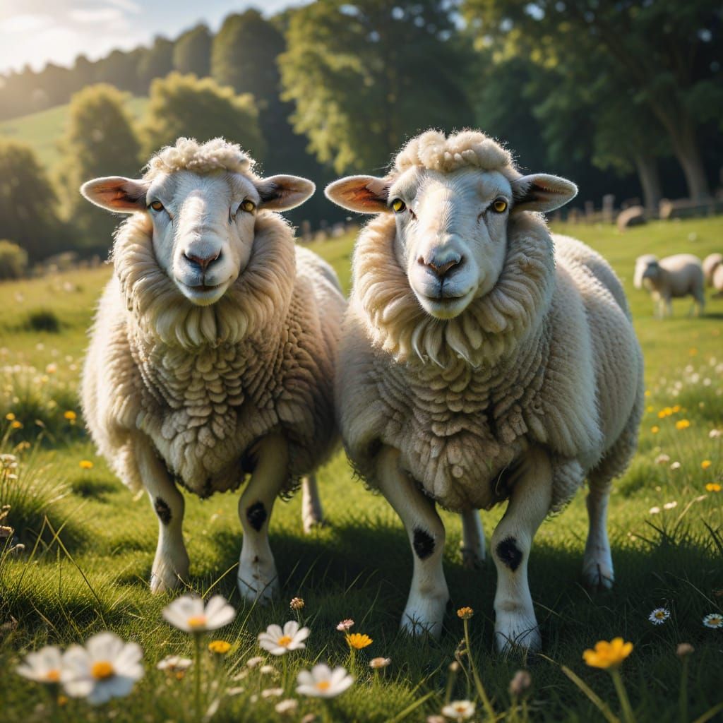 Two Smiling Sheep on a Floral Meadow