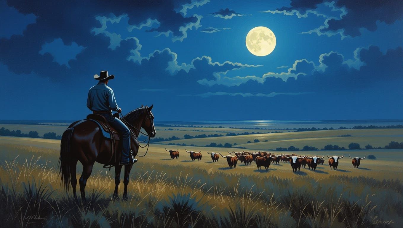 Cowboy and Cattle Under Moonlight: Impressionistic Oil Paint...