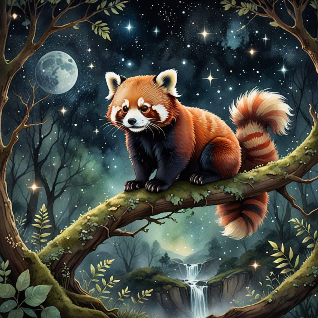 Whimsical Red Panda Gazing at Constellations