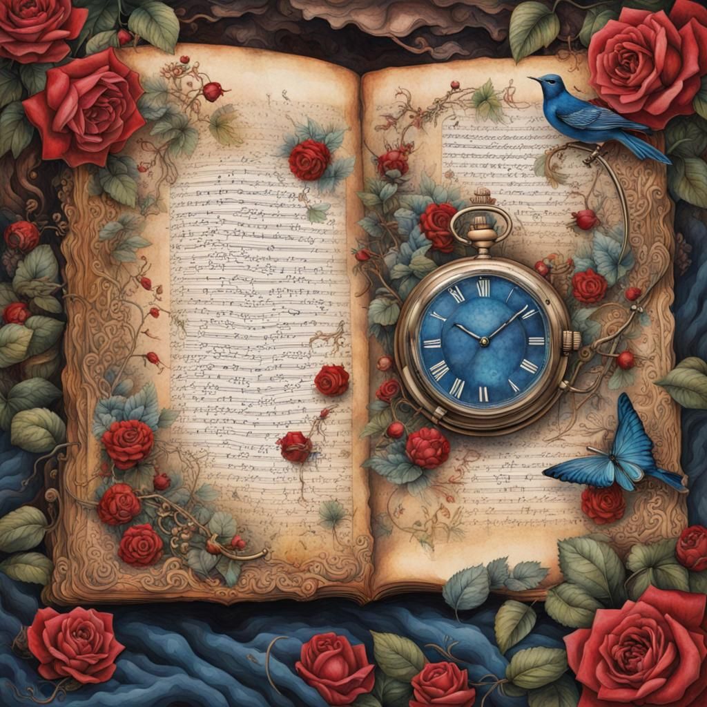 Floral Collage with Antique Watch in Watercolor Style