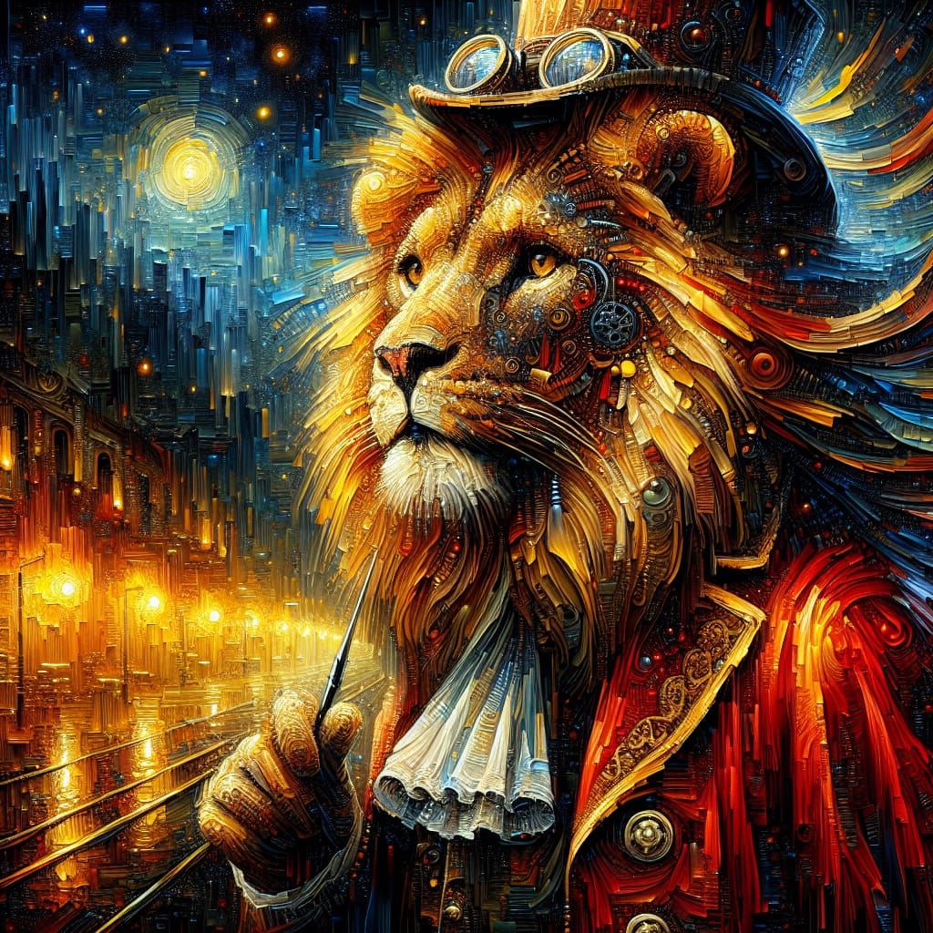 Steampunk Lion in Red Robe at Night