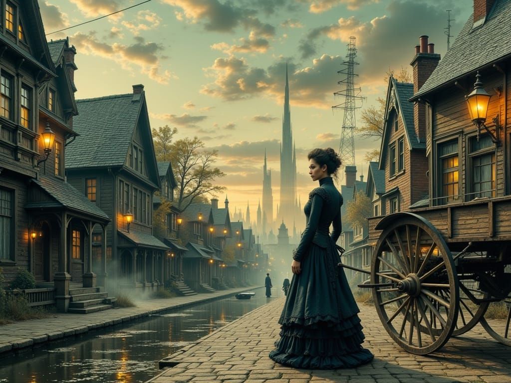 Nostalgic Victorian Woman in Futuristic Cityscape