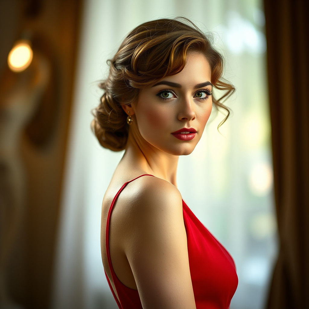 Woman in a Red Ball Gown Under Soft Natural Light