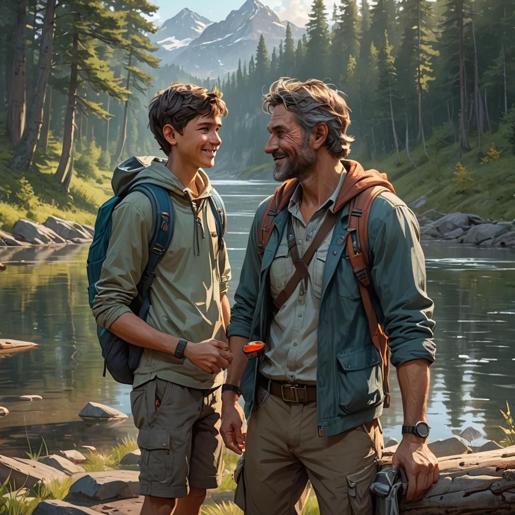 Father and Son Camping: Heartfelt Lakeside Portrait