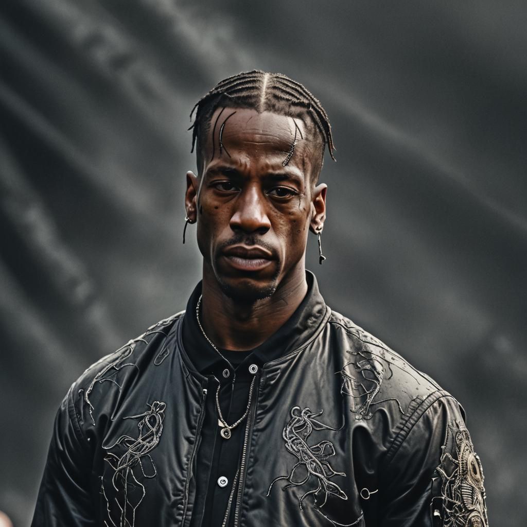 Hyperrealistic Portrait of Bald Travis Scott in HDR