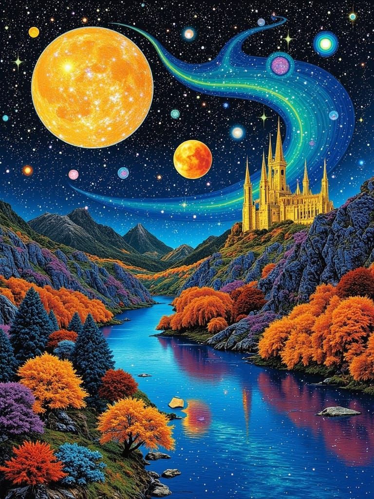 Fantasy Castle Cosmic Night Mosaic Painting