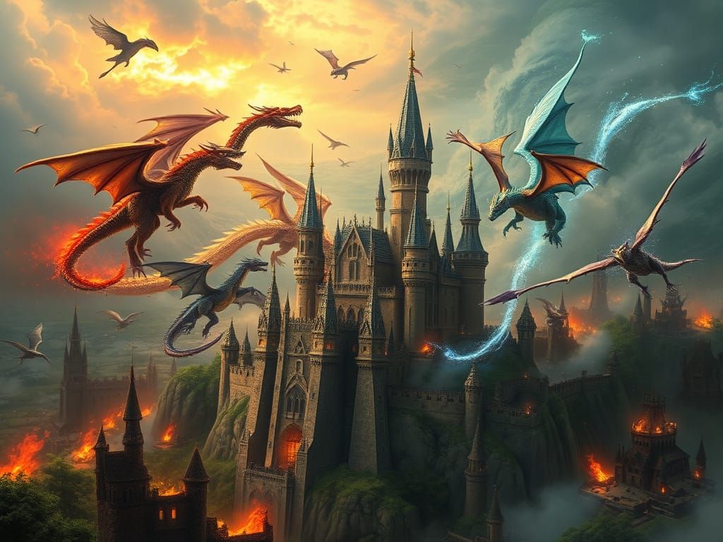 Dragons Unleash Chaos on Fantastical Cityscape in Hyperdetai...