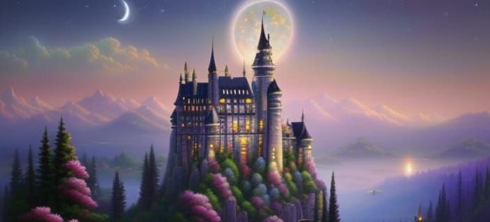 Fantasy Castle in Iridescent Landscape with Heart Moon