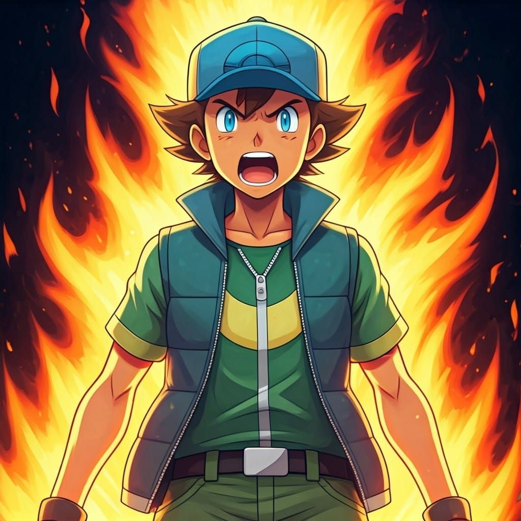 Angry Pokémon Trainer Unleashes Fierce Emotion in Fiery Aura