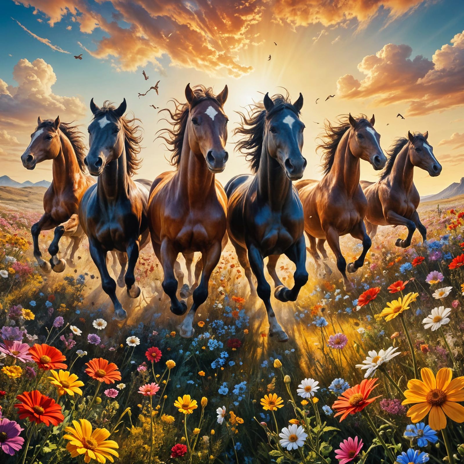 Surreal Wild Horses Gallop Across Vibrant Floral Field