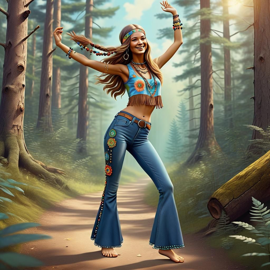 Groovy Hippie Girl Dancing in Forest: Digital Art