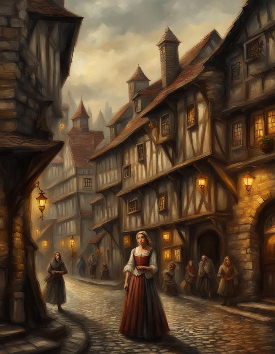 Medieval Wench in City Street: Oil Painting
