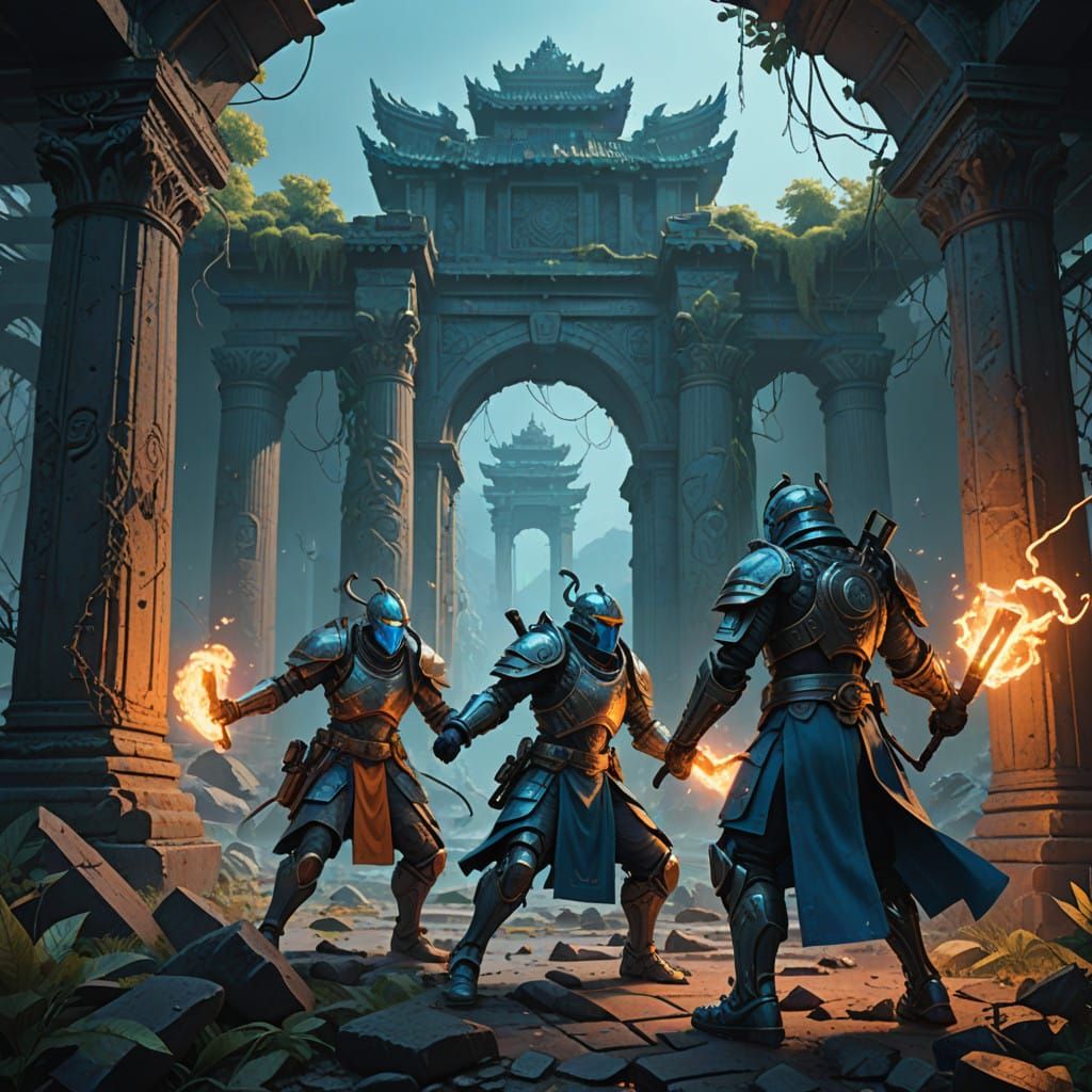 Ancient Warriors Clash in Neon-Lit Temple Ruins