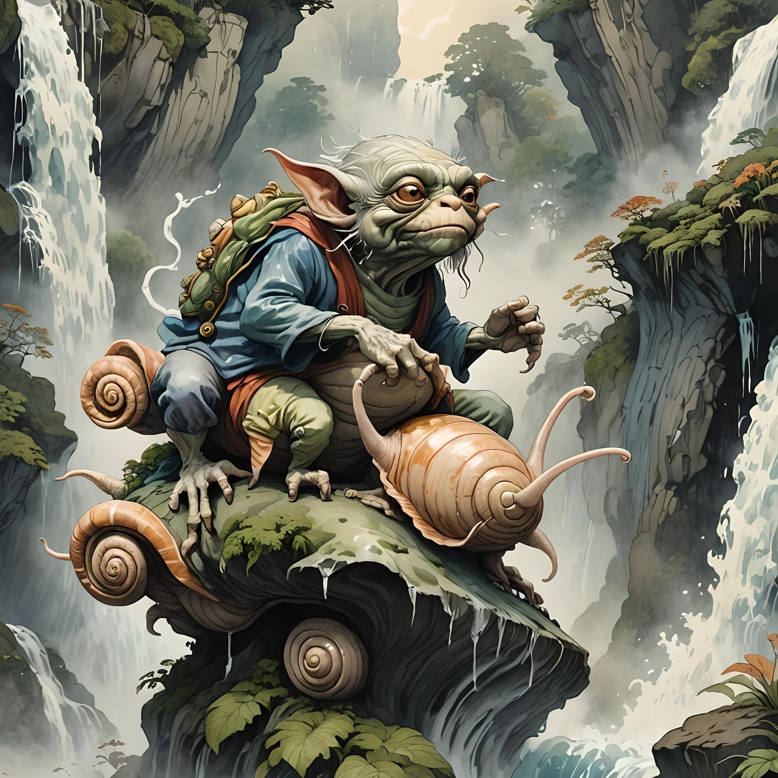 elderly gremlin stooped down, riding on the back of a massiv...