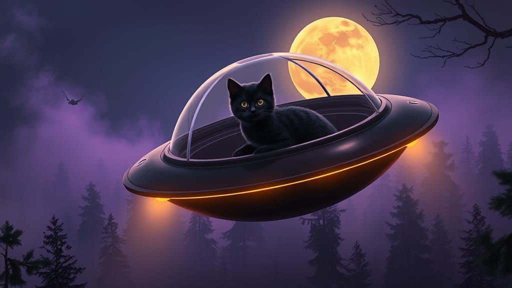 Black Cat in Flying Saucer, Digital Art