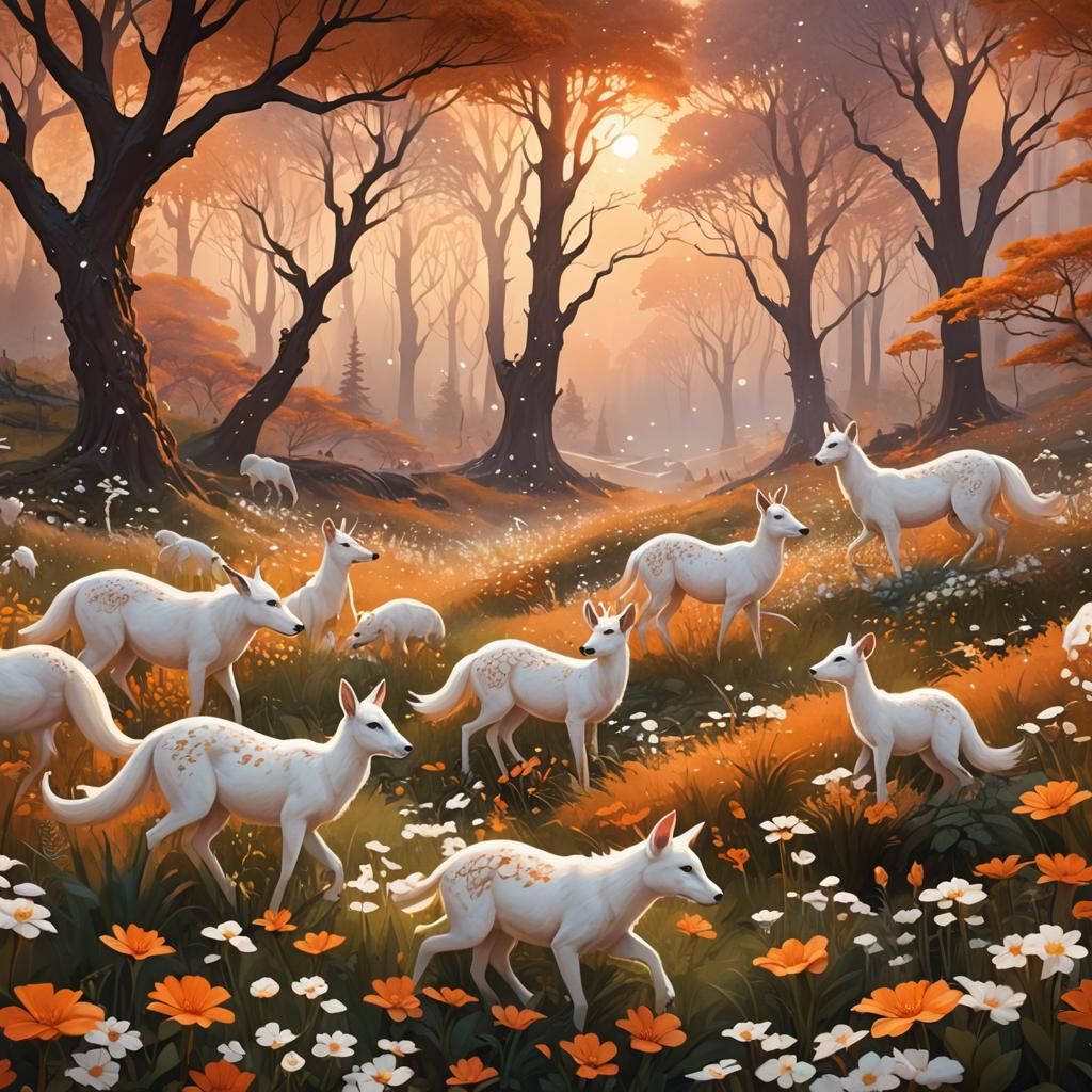 Iridescent Animals and Flowers in Dreamy Landscape