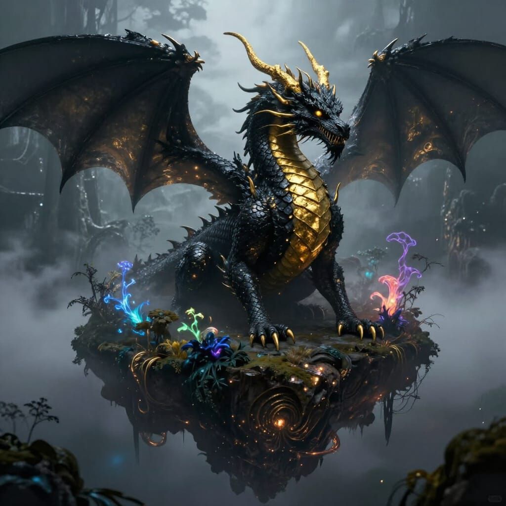 Ancient Obsidian Dragon on Misty Floating Island