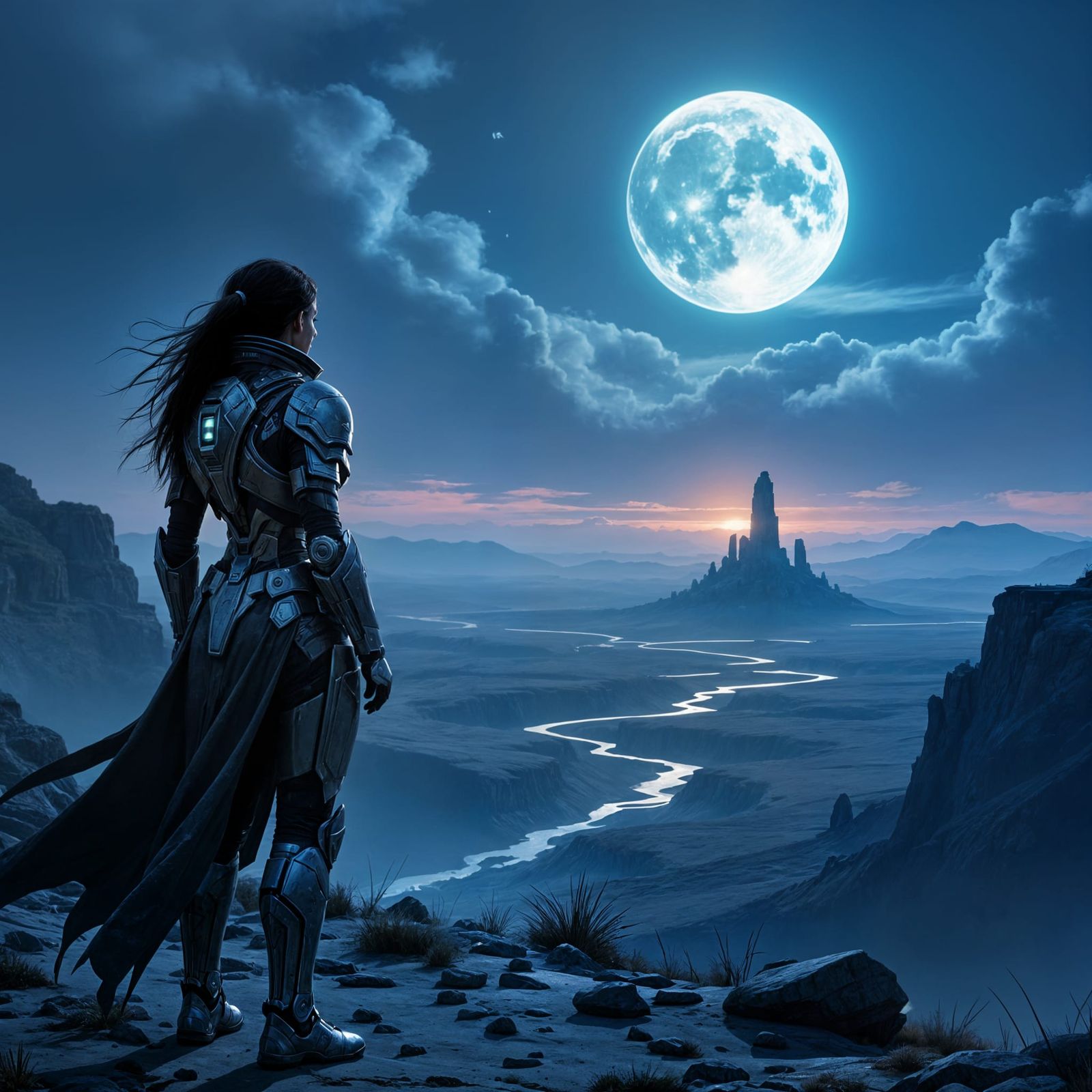 Cybernetic Warrior on Alien Planet Under Twin Moons