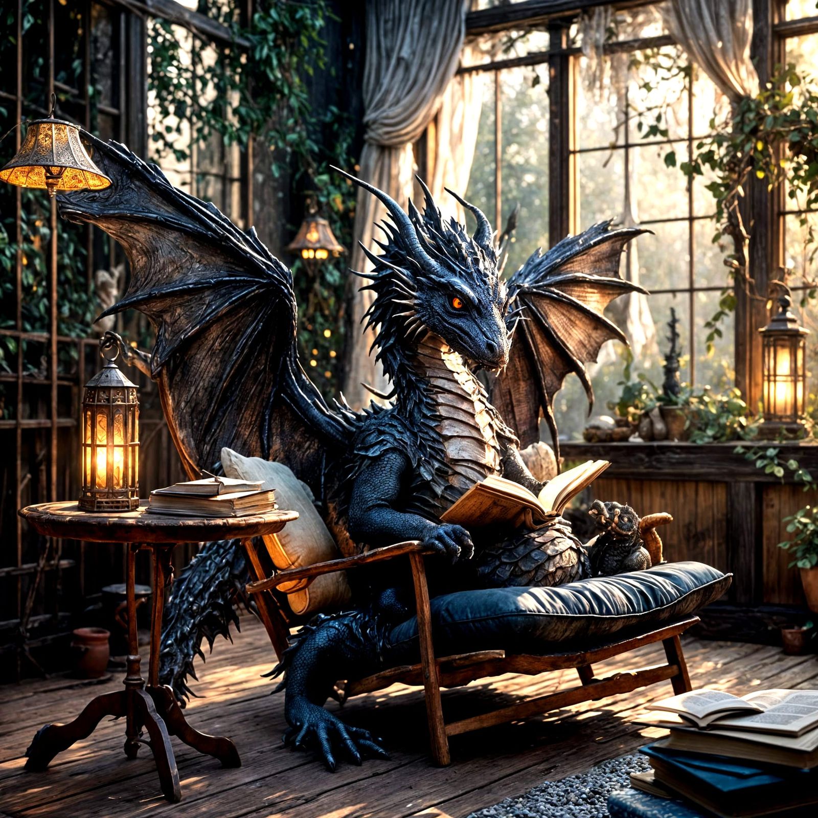 Contemplative Dragon Reading on Rustic Deck
