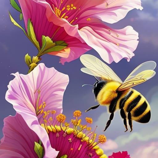 Bees on Hibiscus Flowers in Anime Style