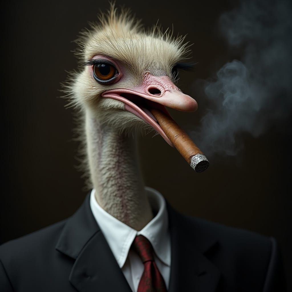Ostrich in Suit Smoking Cigar, Cinematic Photography