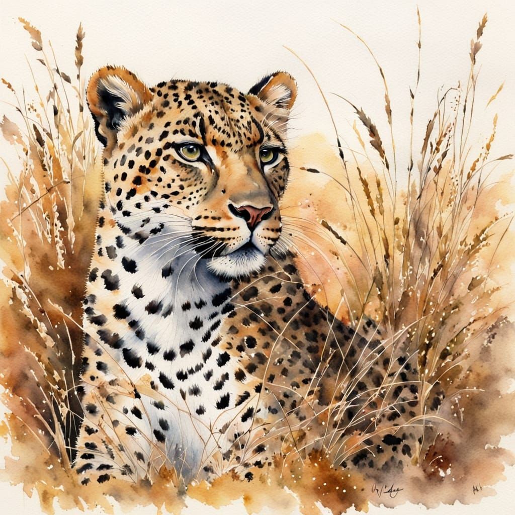 Leopard Resting in Dried Grass, Watercolour Style