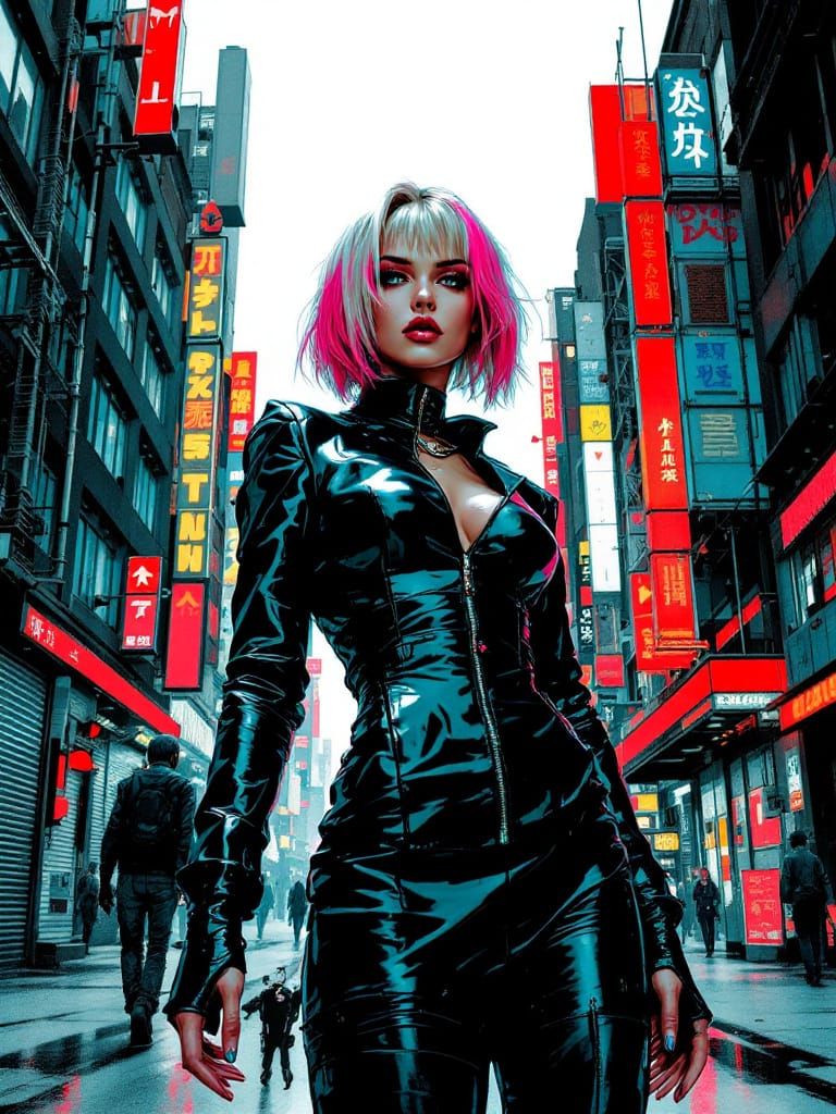 Cyberpunk Pin-Up Woman in Neon City Street