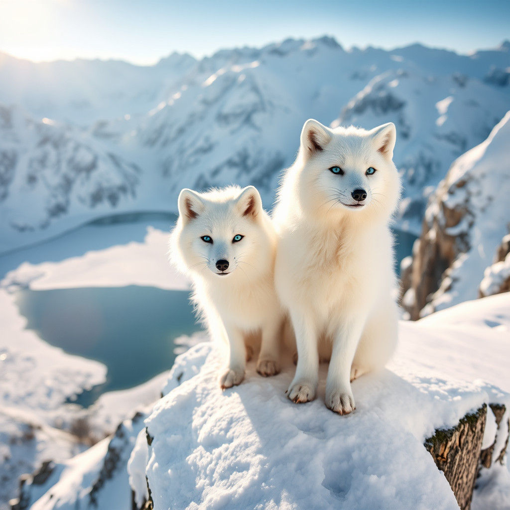 Arctic Foxes Overlook Frozen Swiss Alps Lake