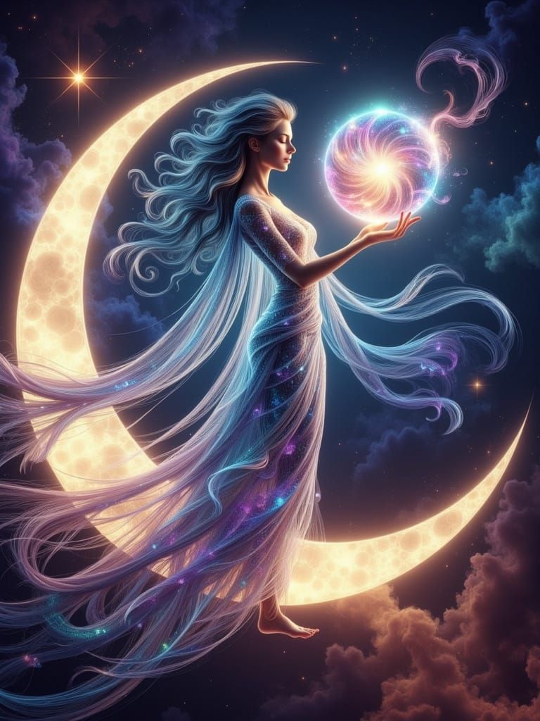 Goddess of Light on Crescent Moon Holding Galaxy Orb