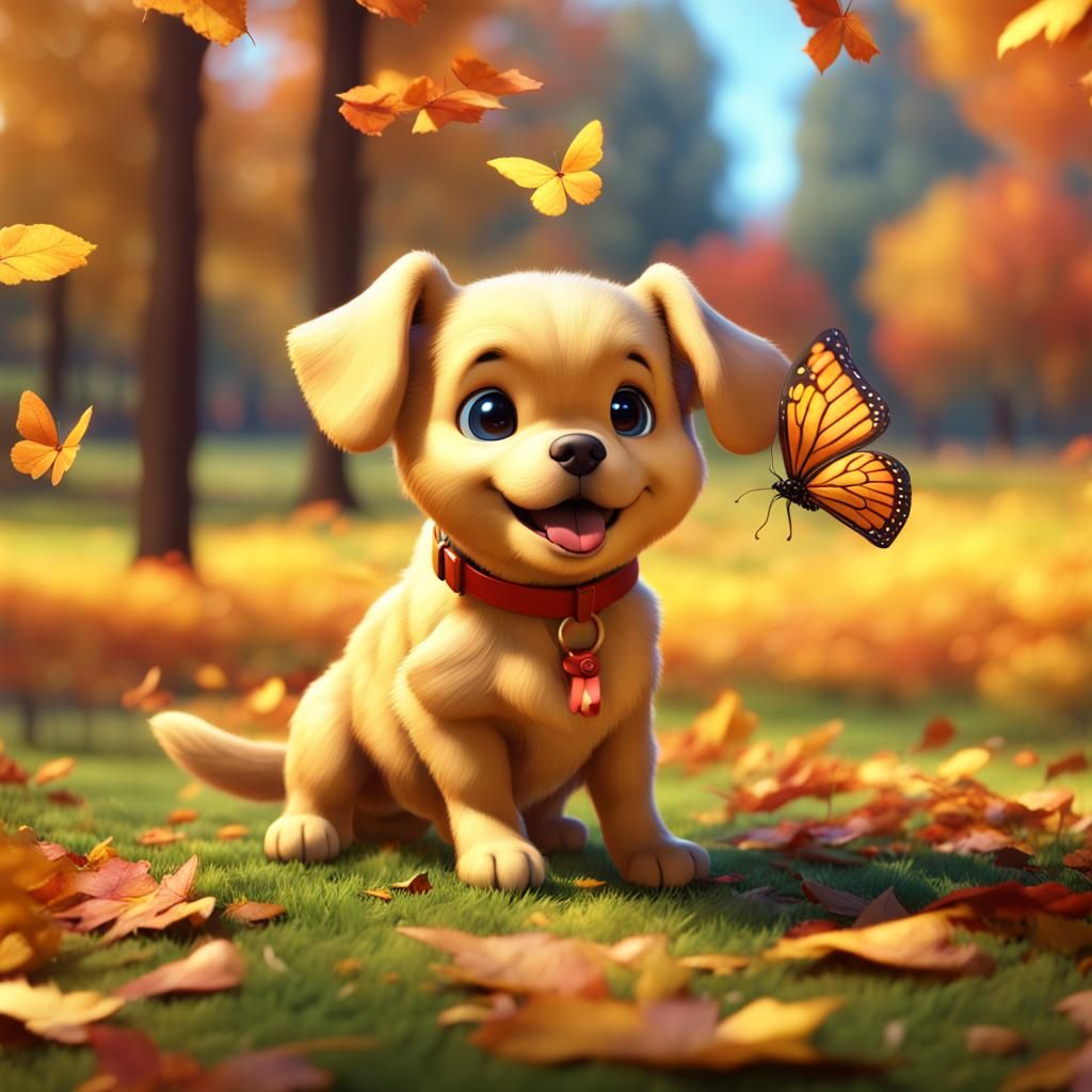 golden puppy playing with a bright butterfly in a park with autumn leaves with bright blue sky