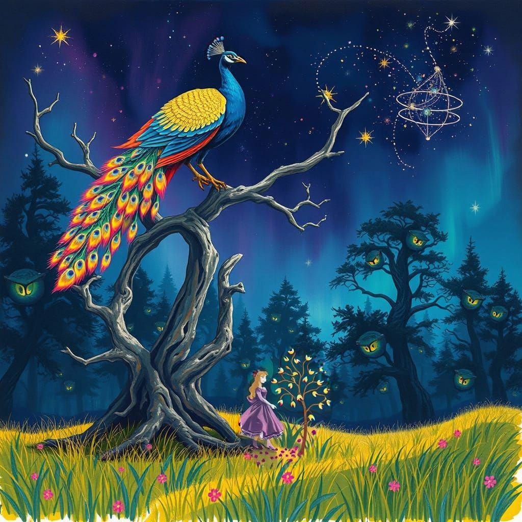 Surreal Peacock Unveils Vibrant Celestial Dreamscape