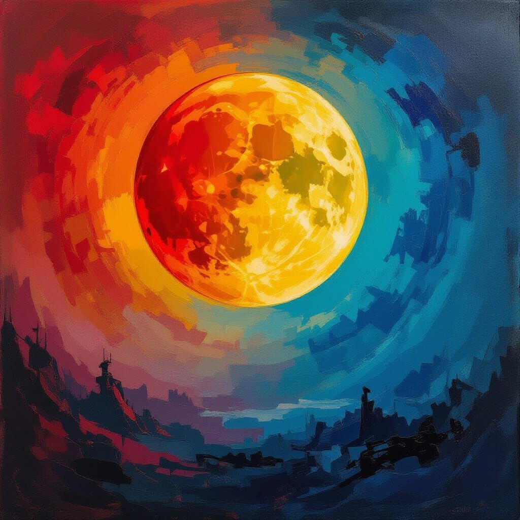Ominous Red Moon Over Yellow and Blue Earth as Action Painti...