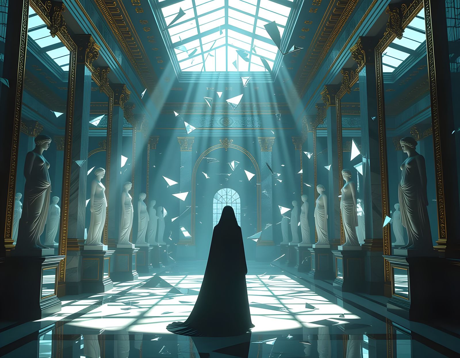 Solitary Figure in Mirror Hall with Shattered Skylights