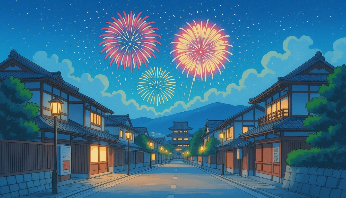 Fireworks Light Up Quiet Ghibli-Style Street