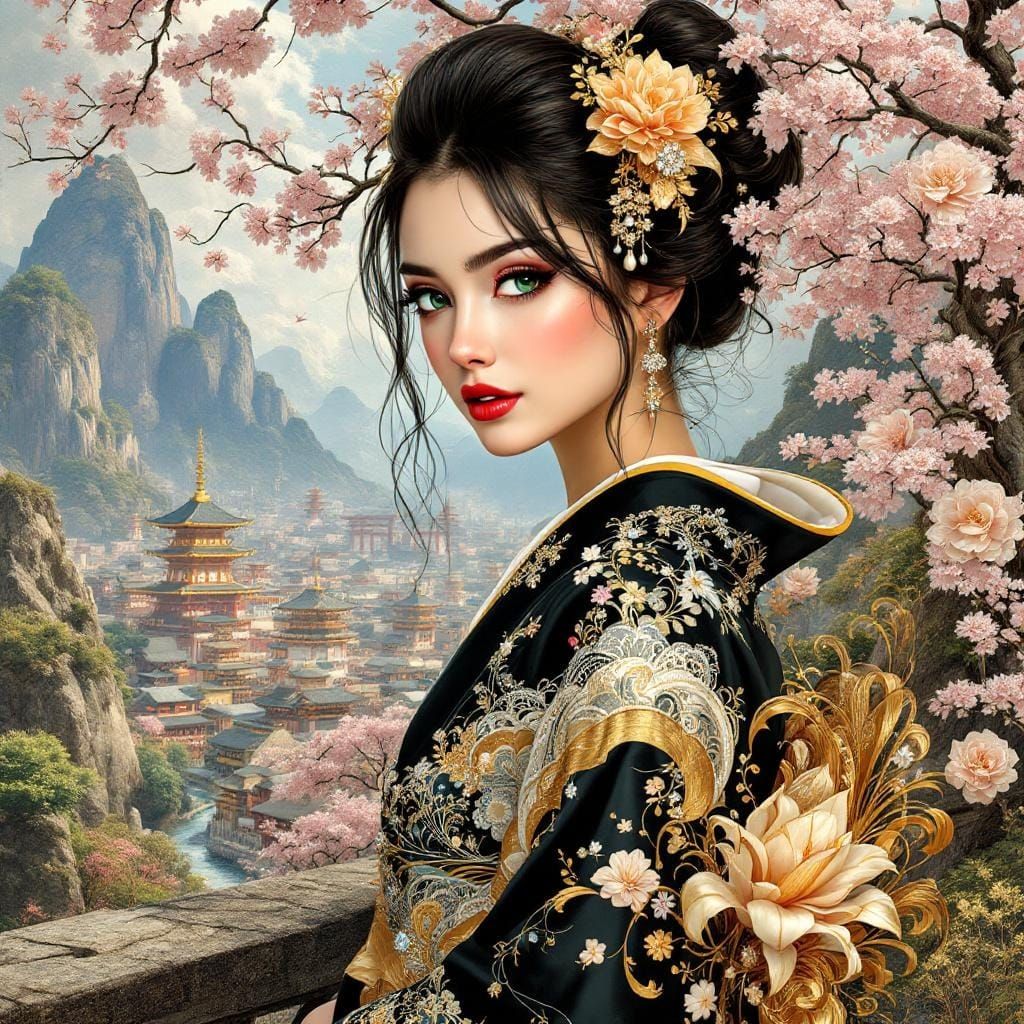 Japanese Woman in Kimono with Patchwork Fabric Details