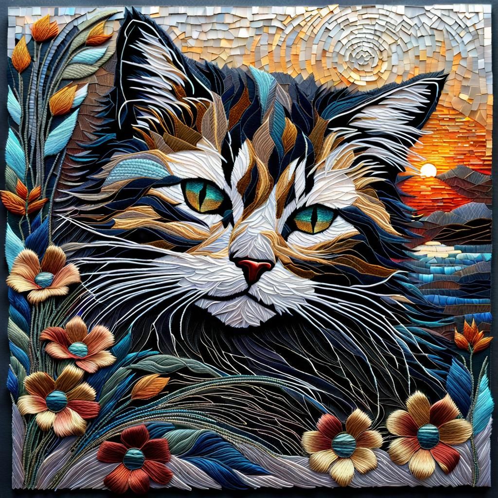 Embroidered Kitten in Surrealist Sunrays
