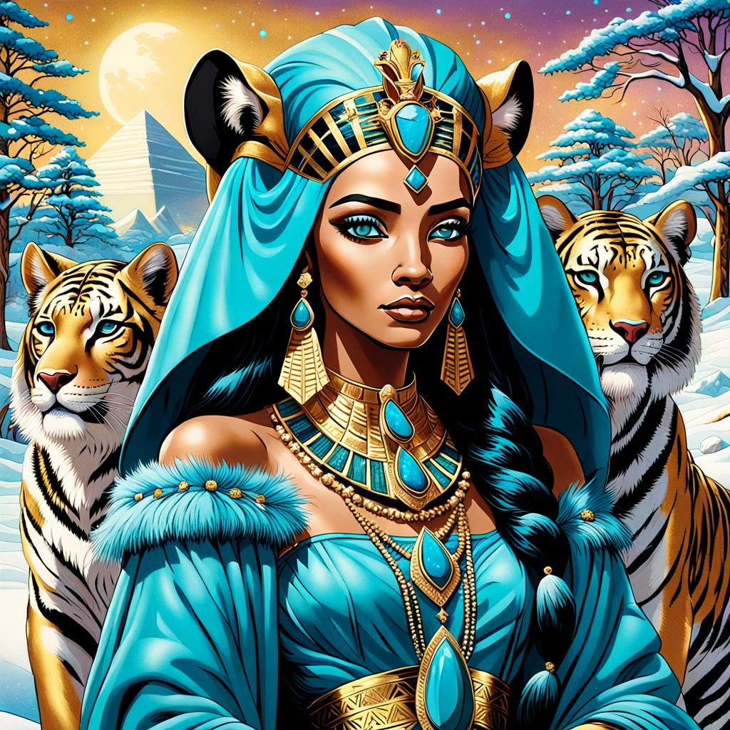 A pop art theme ,featuring a majestic Egyptian queen situated in a winter landscape. Flanked by two regal tigers
