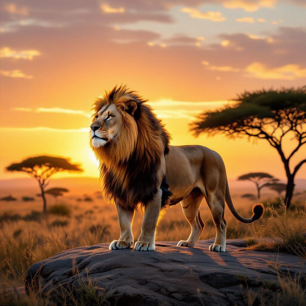Majestic Lion Overlooking African Savanna at Sunset