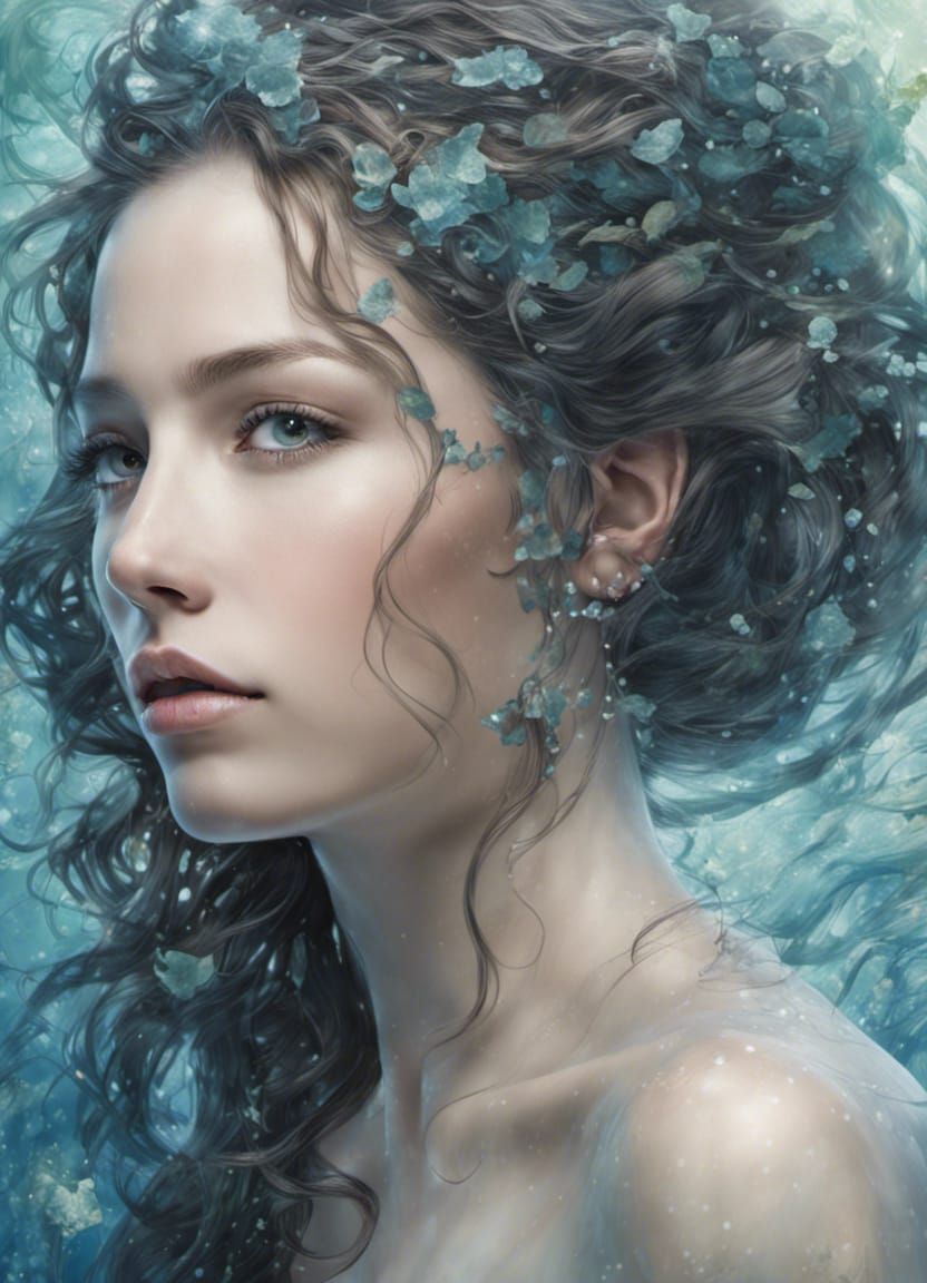 full length portrait, a beautiful mermaid with pale skin emerging from the ocean, shimmering blue and green scales, half...