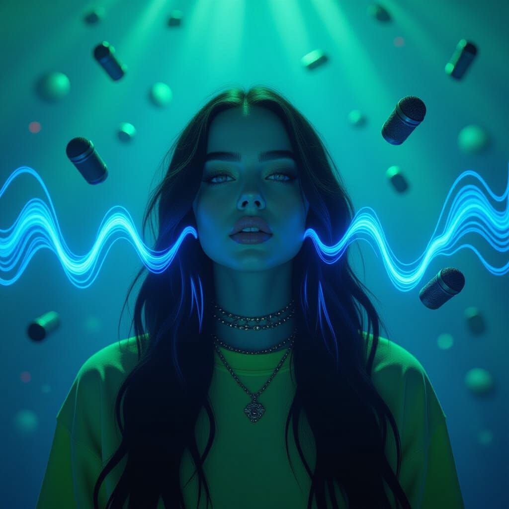 “Billie Eilish in a neon surreal dreamscape, dark green and ...