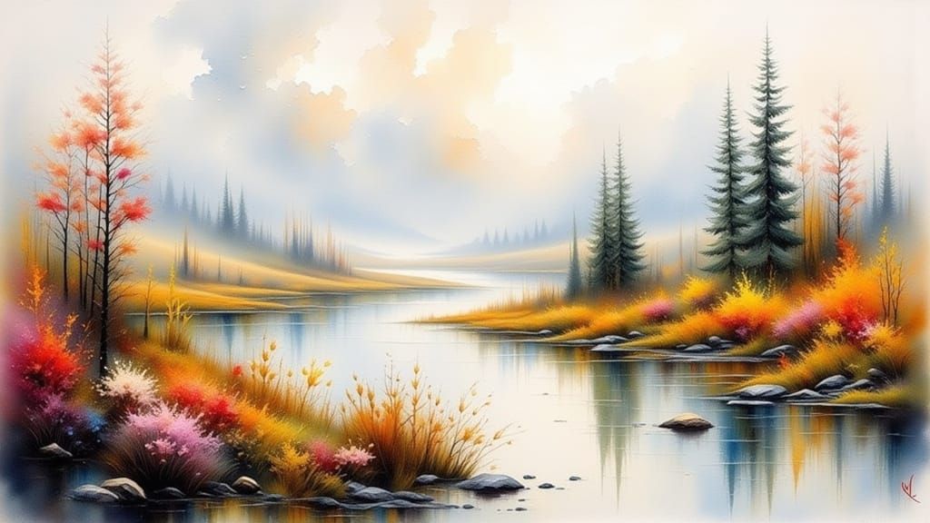 Impasto Oil Landscape on Watercolor Background