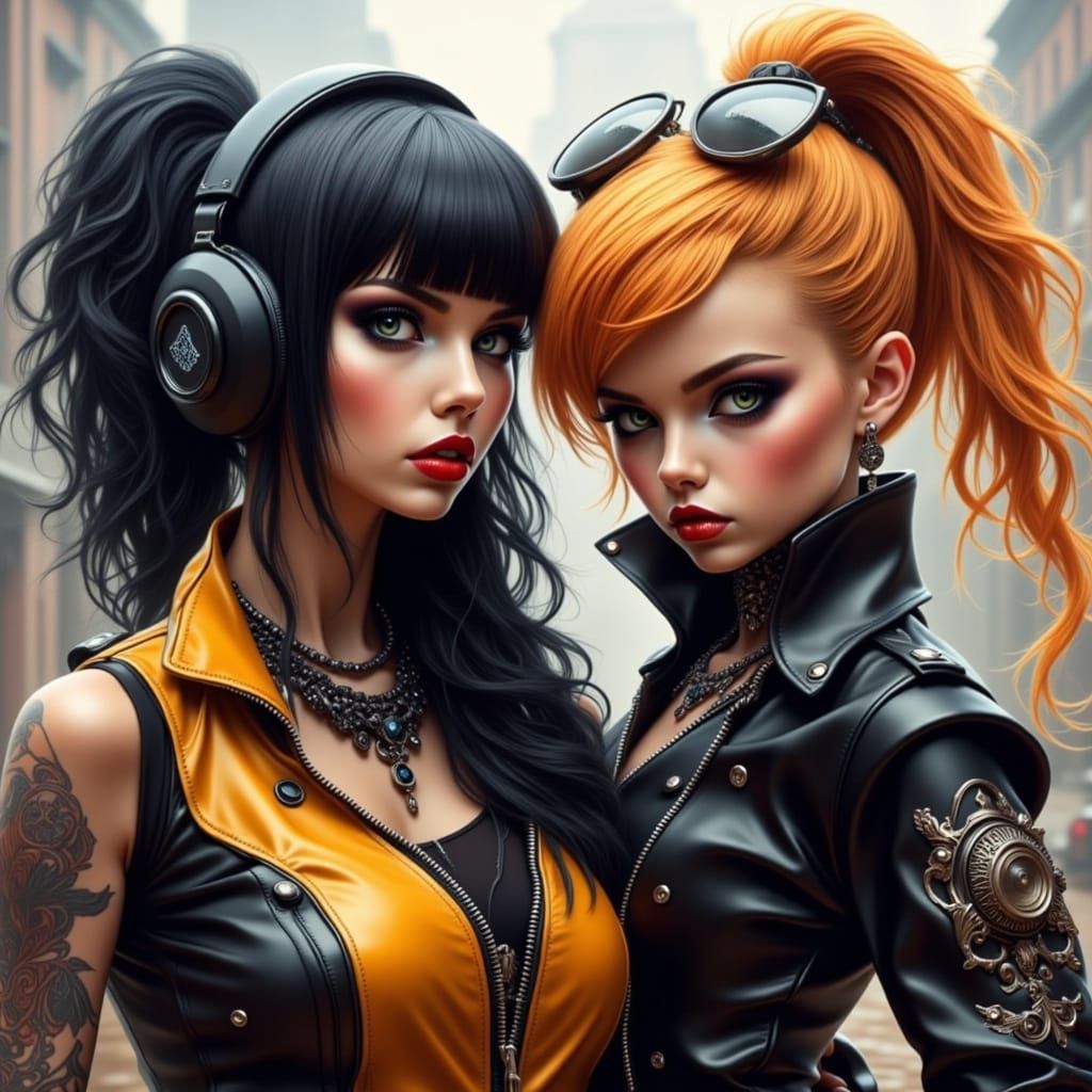 <lora:future bikes:1.0> <lora:Expressive eyes:1.0> <lora:GothicFlux:1.0> Angry woman and wild biker emoji, hyper-detaile...