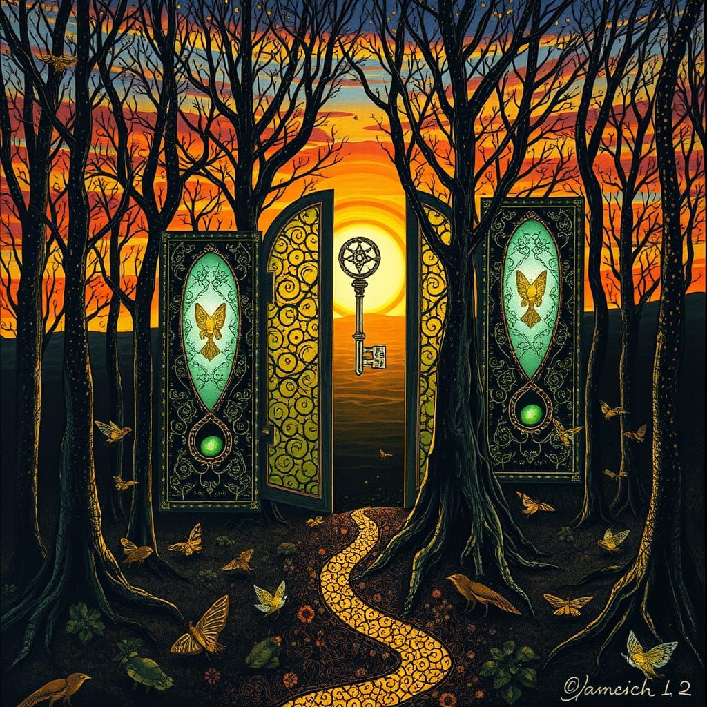 Surreal Forest Doors Bloom Like Trees in Klimt Style