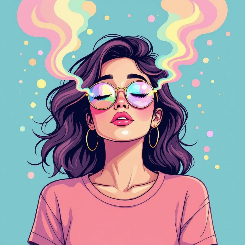 Hallucinating Woman in Vibrant Cartoon Style with Pastel Glo...