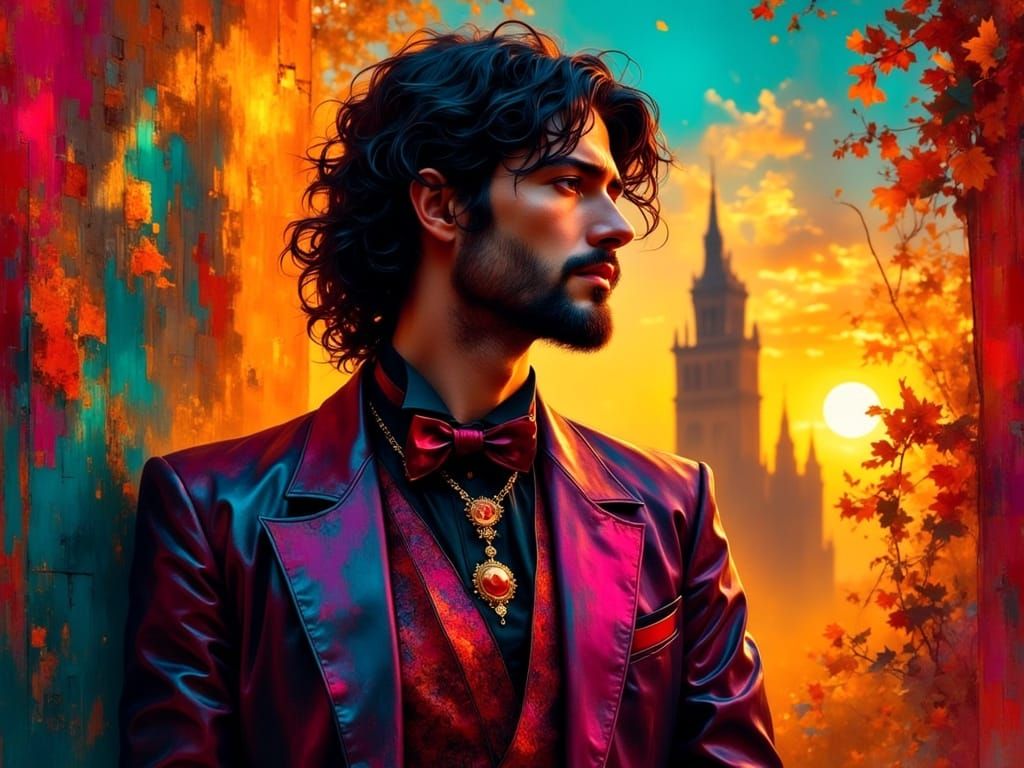 Emopunk Gentleman in Vibrant Sunset Ceremony Attire