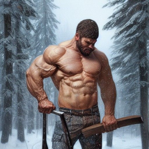 Muscular Man Chopping Wood: Hyperdetailed Winter Portrait