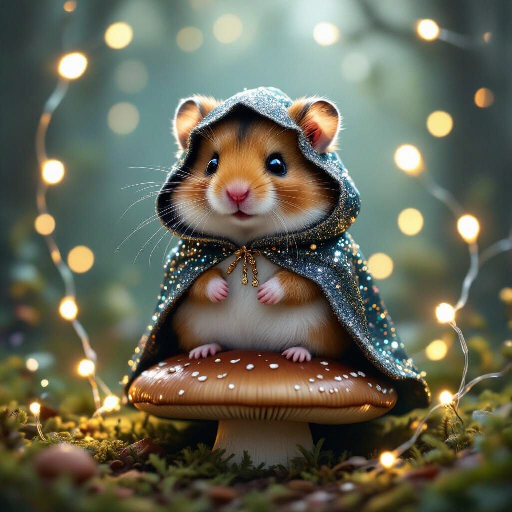 Whimsical Hamster in Fairy Lights, Photorealistic Style