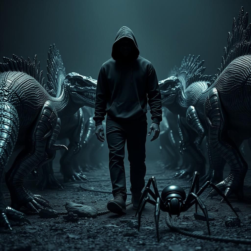 Chrome Dinosaurs and Mysterious Figure in Dark Biomech Art