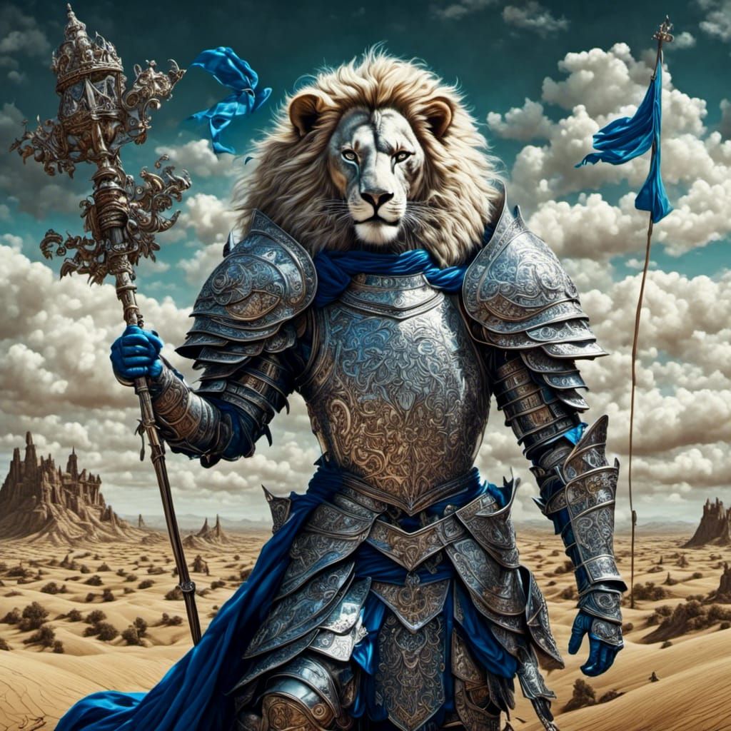 Lion Knight in Desert Battlefield, Dreamy Surrealism