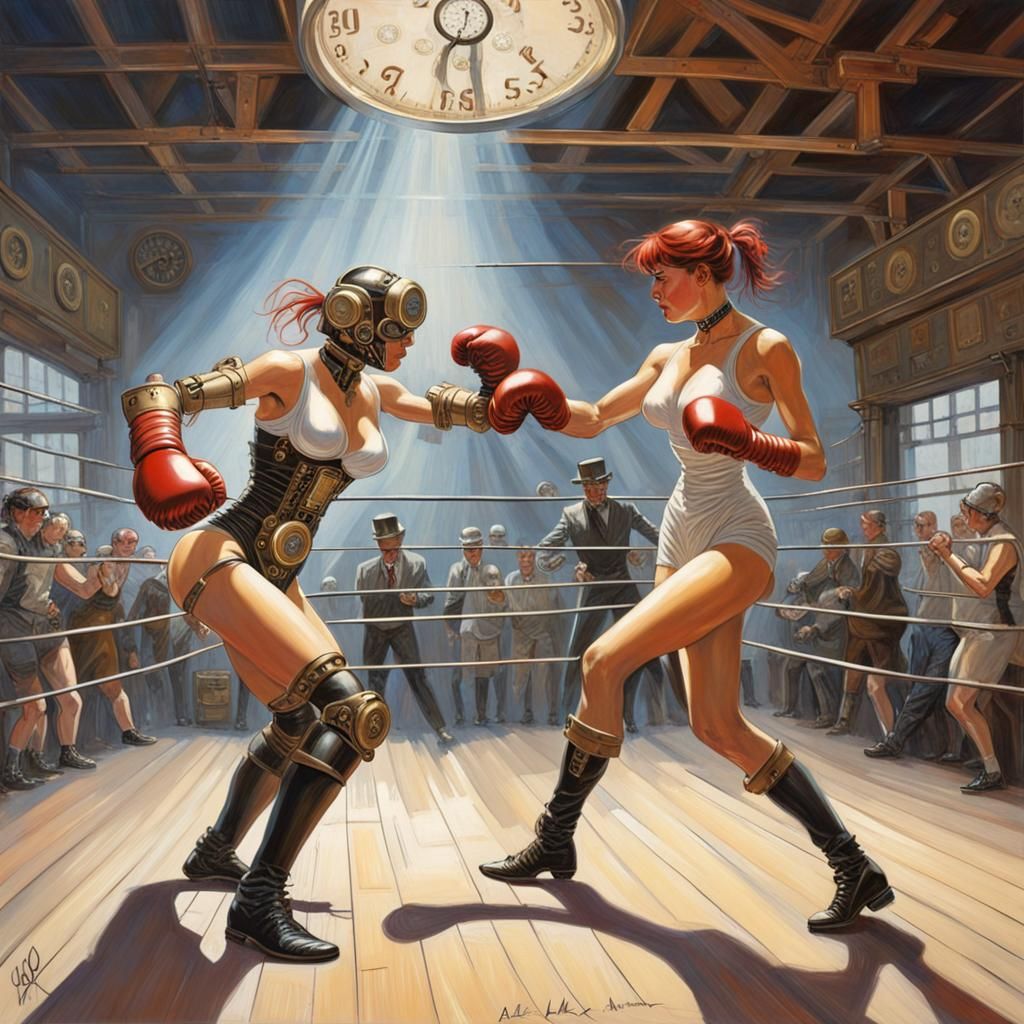 Steampunk Cyborgs Boxing in Action Painting Style